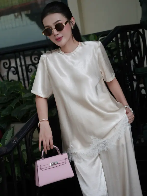 S105 Premium Satin Pajama Set with Lace Trim, Short-Sleeve Top and Long Pants