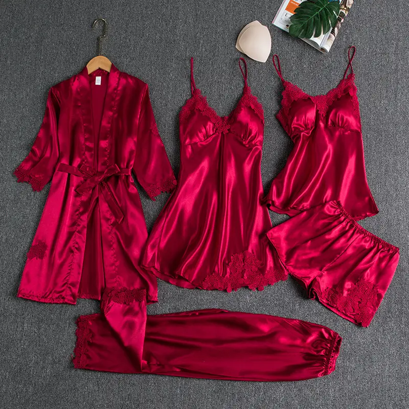 Women's 5-Piece Ice Silk Loungewear Set with Thin Long-Sleeve Robe, Plus-Size Spring and Autumn Sleepwear