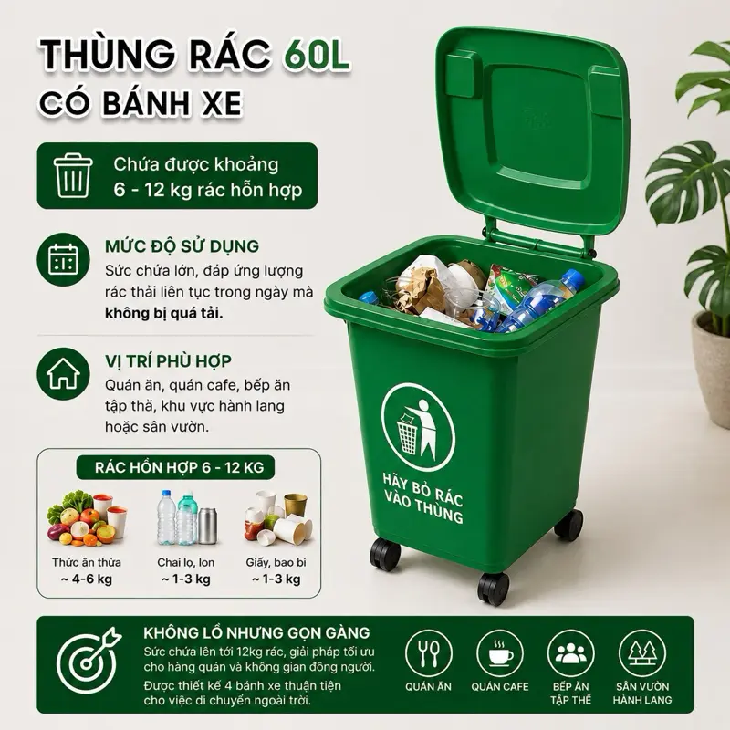 Large Wheeled Industrial Plastic Bin for Home, Office and Outdoor Use, Holds 6–12 kg of Waste