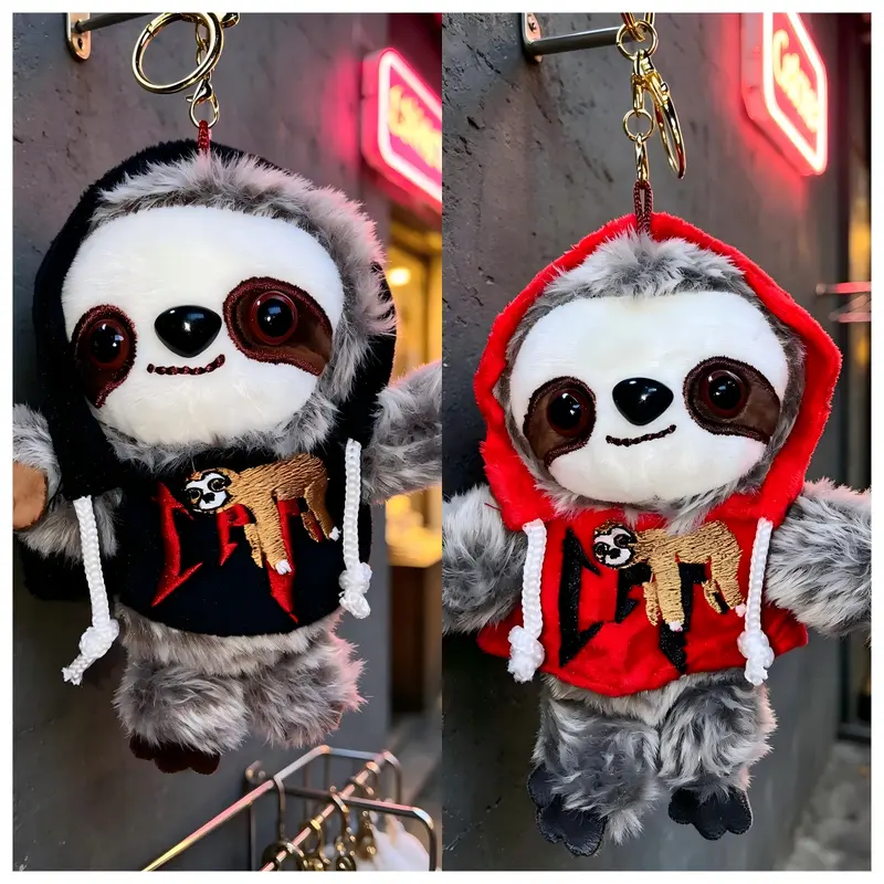 Hoodie-Wearing Sloth Bear Plush Keychain for Backpacks, Bags and Keys