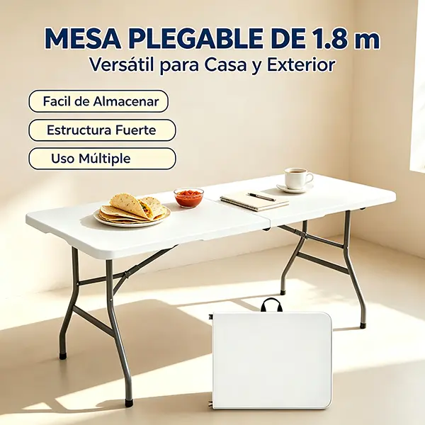 VBELL White Folding Portable Plastic Table, 1.80 m (180 × 74 cm), Lightweight and Sturdy, Suitcase Style for Meetings, Picnics and Outdoor Events