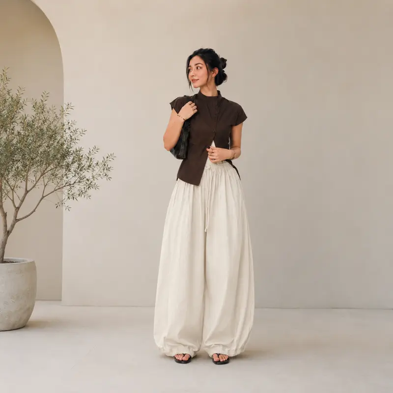 DAPIN Aira Women's Oversized Balloon Pants in Toyobo Cotton with Elastic Waist, Loose-Fit Long Culottes