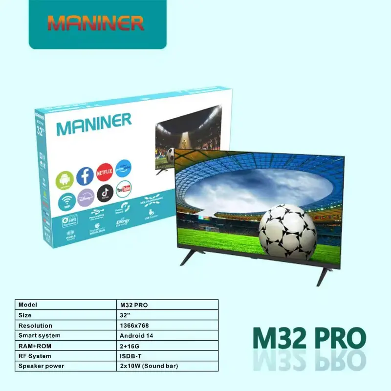 Smart TV MANINER de 32 Pulgadas HD con Marco Ultrafino, Android, WiFi, Bluetooth