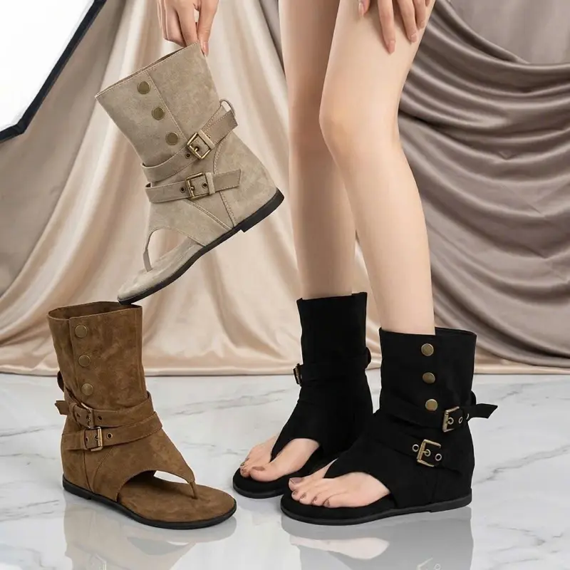 POLY 2026 Women's Soft Faux Leather Toe-Loop Boots with Buckle, QCCC Style