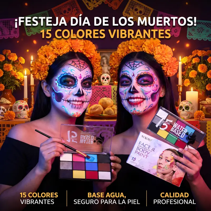 ARÍUA Paleta de Pintura Facial y Corporal de 15 Colores, Kit Profesional Seguro y No Tóxico, Resistente al Agua, para Tatuajes Temporales, Piel Sensible, Cosplay, Maquillaje de Día de Muertos, Halloween, Tutoriales de Maquillaje y Regreso a Clases