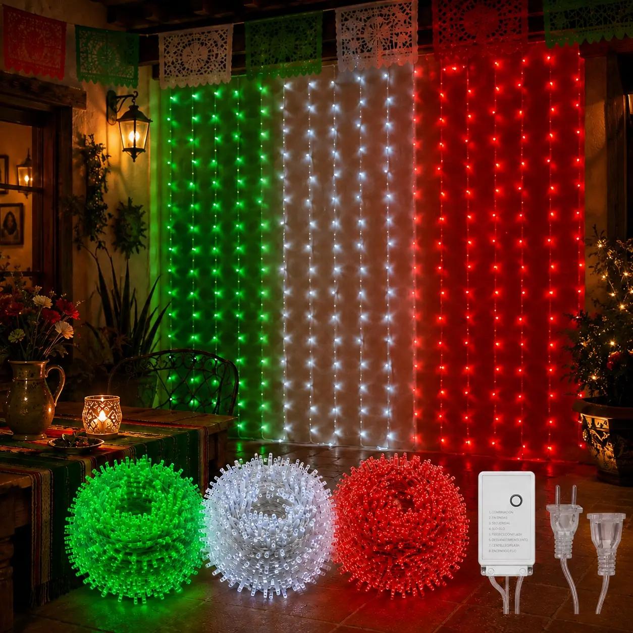 Luces LED decorativas para Fiestas Patrias de México, set de 3 tiras en verde, blanco y rojo, 10/30/50 m, 100/300/500 LED, 8 modos, IP44, 110 V, para interior y exterior