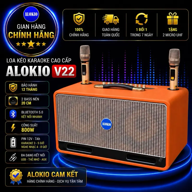 [Chính Hãng ALOKIO] Loa Xách Tay Cao Cấp V22. Hãy Kiểm Tra Đúng Thương Hiệu ALOKIO Tặng Kèm 2 Micro UHF Không Dây - Karaoke Bluetooth
