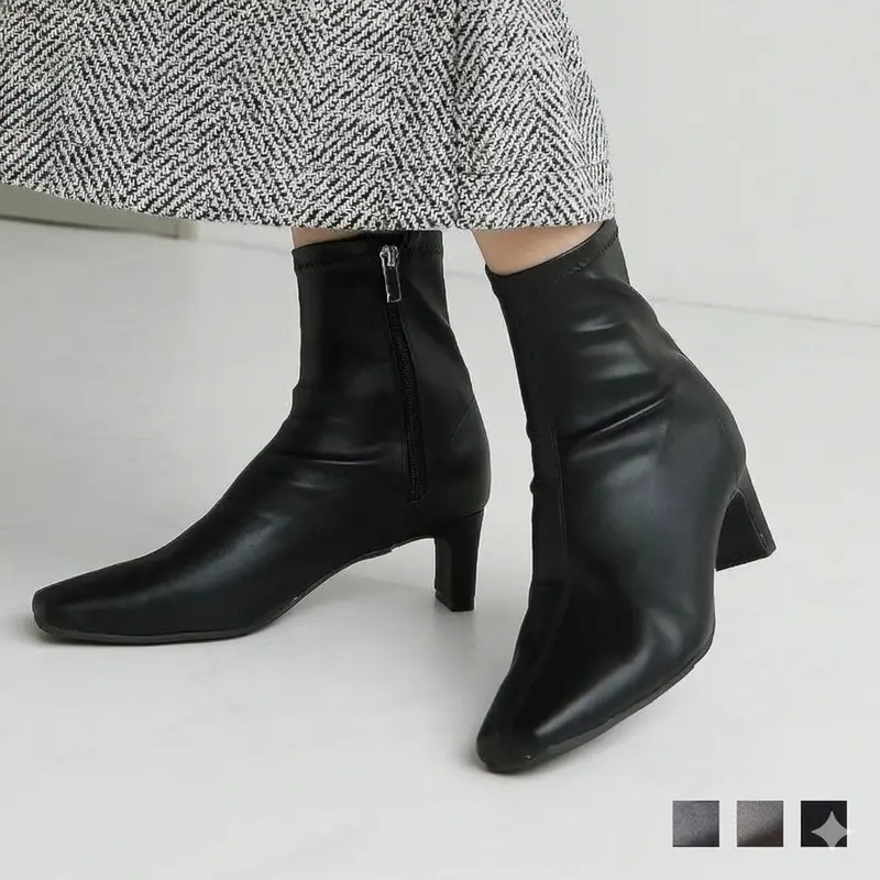 VIVIAN V7381AW Damen-Stiefeletten für Herbst und Winter, Stretch, 5 cm Absatz in Plattenoptik, eckige Schuhspitze, für Arbeit und Büro, Schwarz oder Braun, Veloursleder
