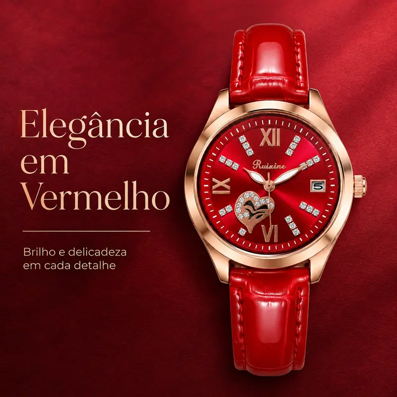 RUIXINE Relógio Feminino Luxo Vermelho com Cristais Coração Vazado Calendário Quartzo Pulseira Elegante Presente