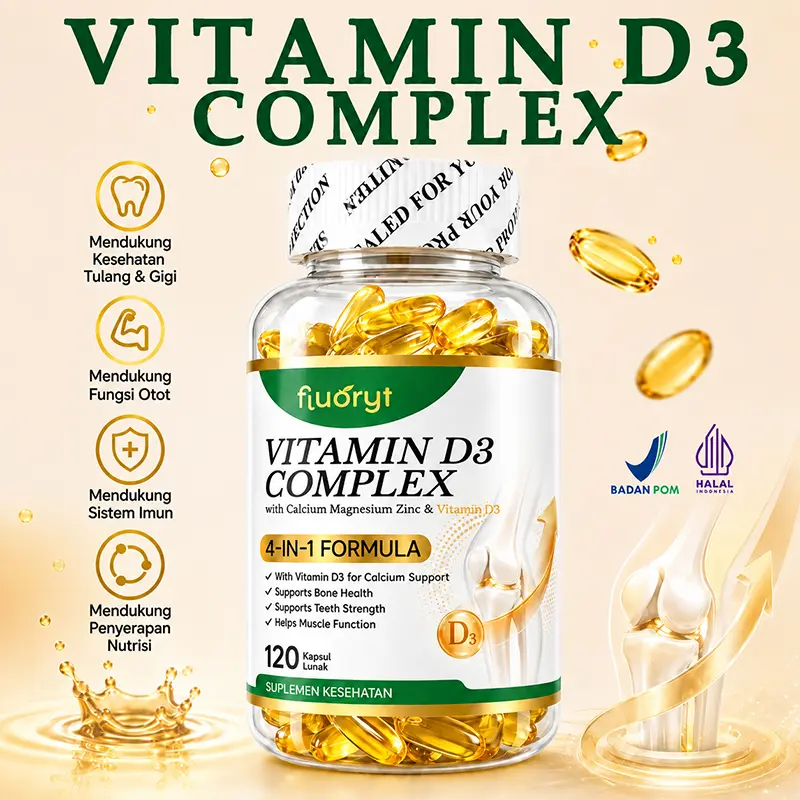 Fluoryt Vitamin D3 Complex 4-in-1 with Calcium, Magnesium and Zinc, 120 Softgels, BPOM, Halal, for Bones, Teeth and Immunity