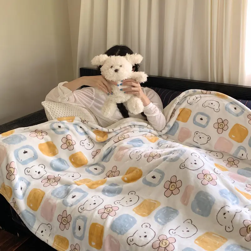 MT-A Coral Fleece Blanket with Cartoon Bear and Flower Print, Thick, Machine Washable, Anti-Pilling, for Sofa, Bed, Office Naps or Dorm Room