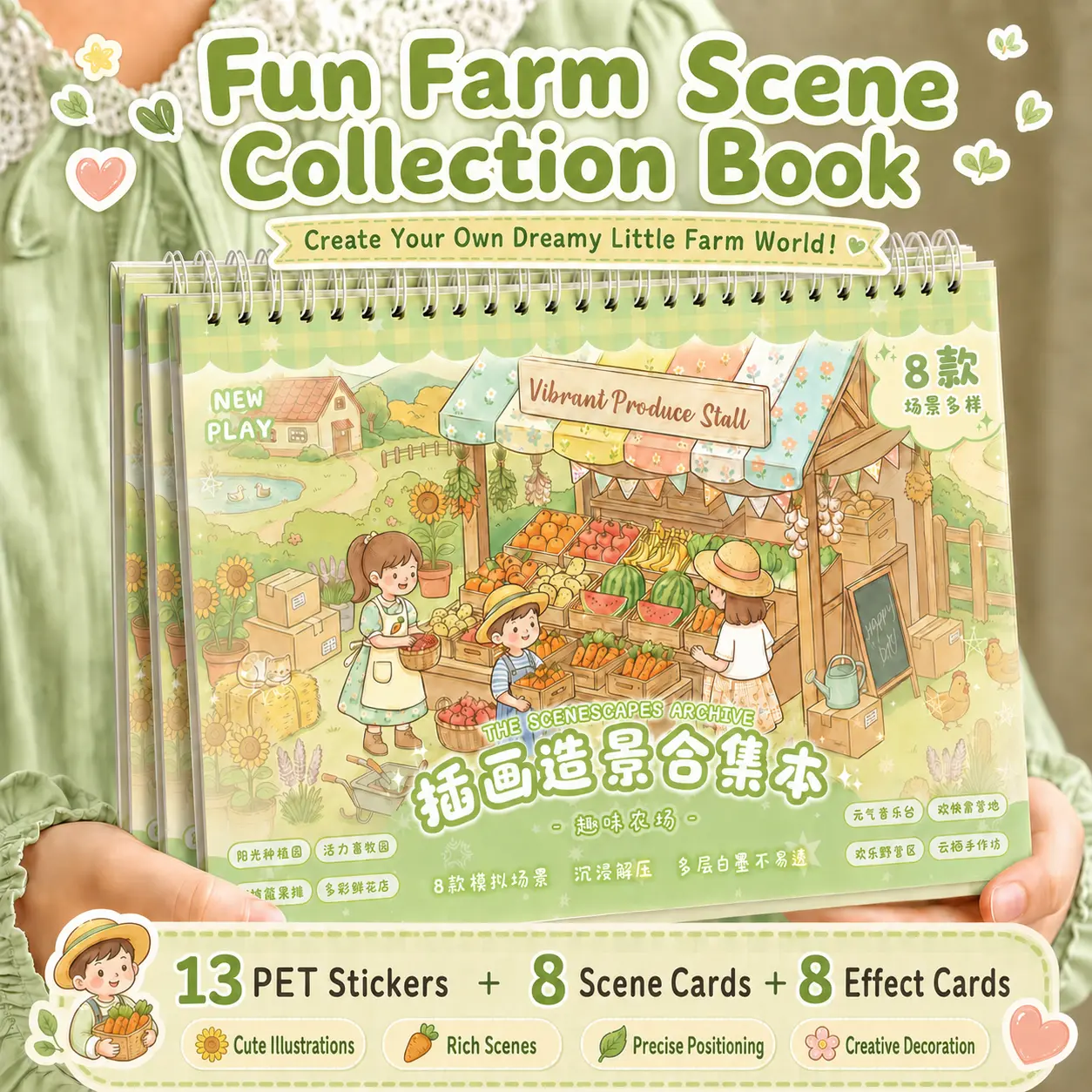 Libro de pegatinas DIY para crear escenas de granja, 8 temas, pegatinas de PET precortadas para decorar álbumes y diarios