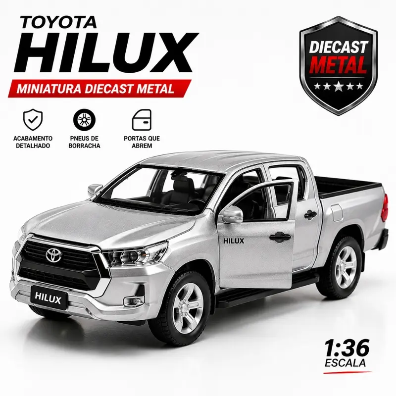 Toyota Hilux Miniatura com LUZ E SOM Colecionável Carro Ferro 1:32 Metal (COM CAIXA)