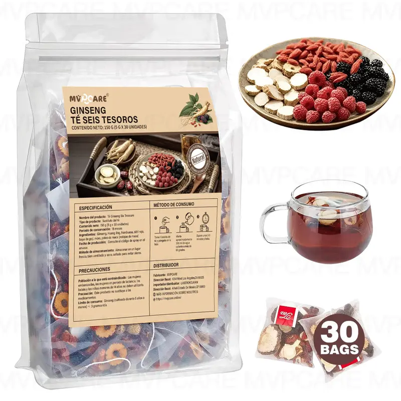 Thé au ginseng Six Treasures, mélange naturel de plantes traditionnelles chinoises, sachets de thé purifiant pour la détox des reins, pour femmes et hommes, 30 sachets