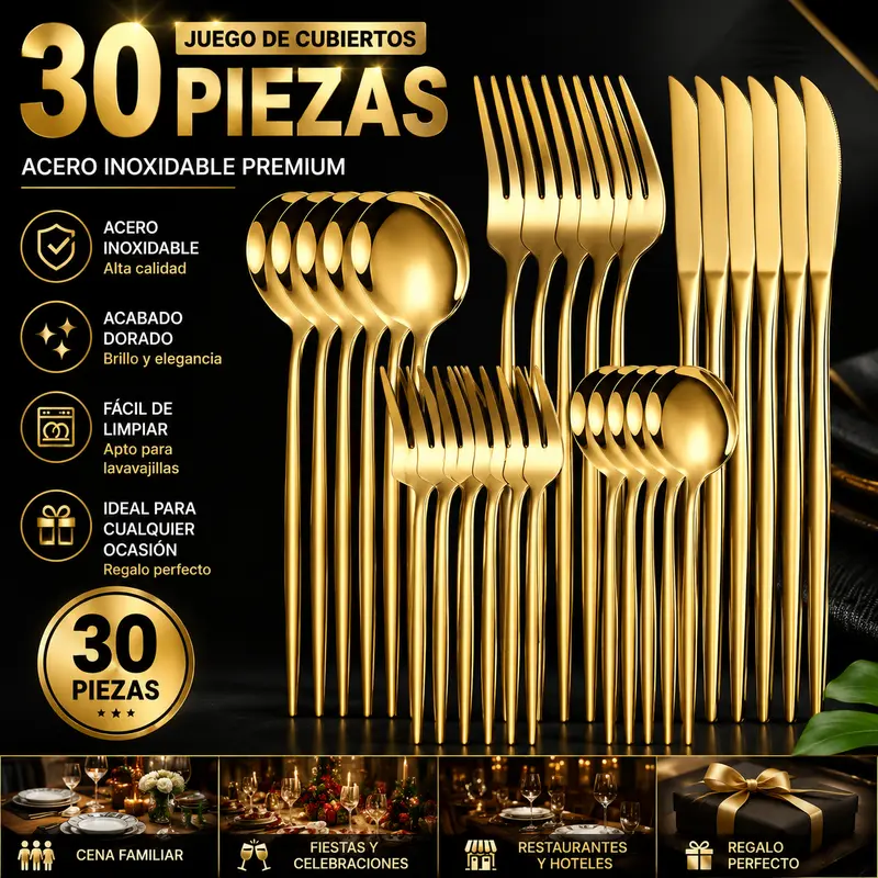 30PCS Juego de cubiertos de acero inoxidable de, que incluye cuchillo para carne, tenedores, cucharas y cucharilla, tenedores de mesa, cucharas de mesa, tenedores para fruta, cucharilla pequeña para postre, cucharilla para café, adecuado para el hogar, re