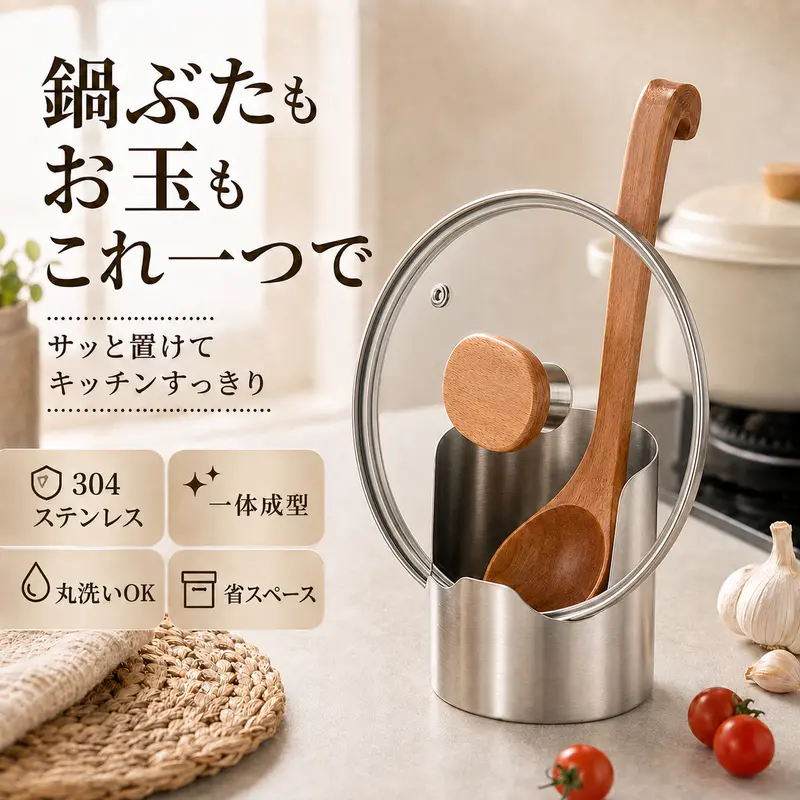 304 Stainless Steel Space-Saving Kitchen Utensil Stand for Pot Lids, Ladles and Cooking Chopsticks, One-Piece Design, Fully Washable