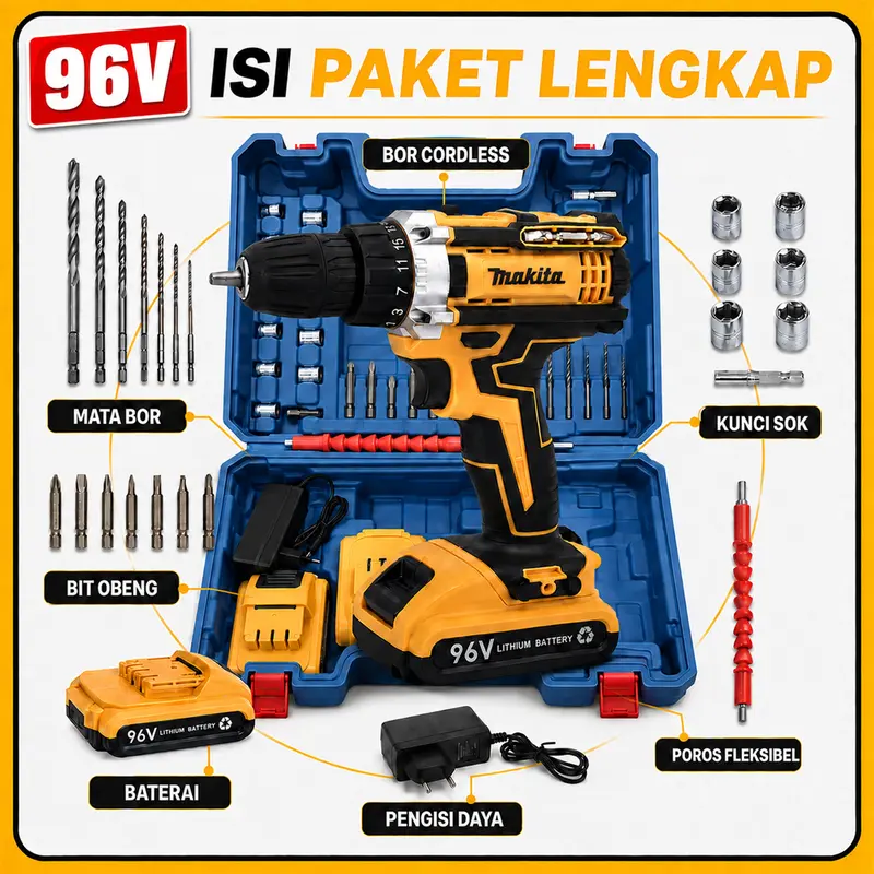 【COD】MAKITA Mesin Bor Baterai 96V 25+3 Cordless Impact Lengkap 2 Baterai Fullset Koper 35NM 10MM Chuck bor cas modern bor tanpa kabel beton bor listrik full set