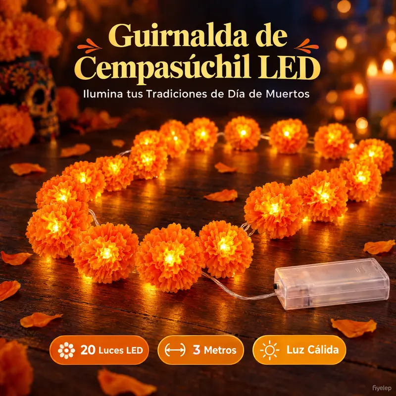 Cempasúchil-Blumengirlande mit LED-Lichtern zum Día de Muertos, 3 m, 20 orange Blüten, warmweißes batteriebetriebenes Licht, wiederverwendbare Dekoration für Altar und Ofrenda