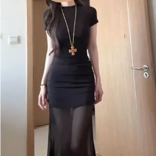 Women's Elegant Black Crewneck Sheath Dress with Stretch and Mesh Detail, Slim Fit