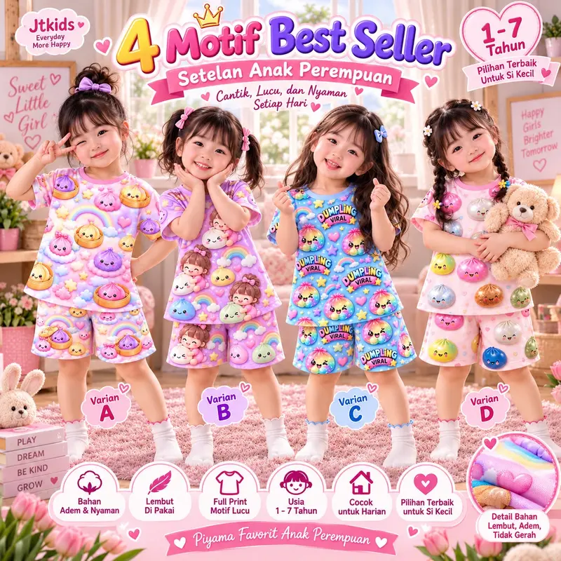 PRIORITY LIVE BUNDA ZAHIRA × JTKIDS Girls' Dumpling-Print T-Shirt and Hyget Shorts Set