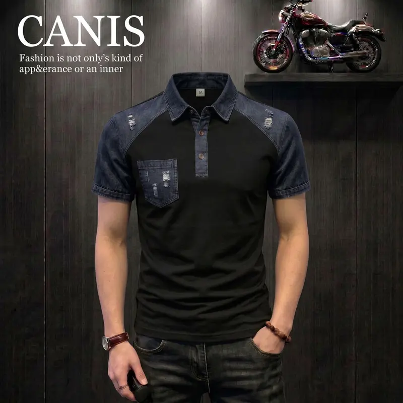 Polo para hombre Canis con detalles de mezclilla, tela deportiva elástica en 4 direcciones que absorbe el sudor, para deporte y uso diario