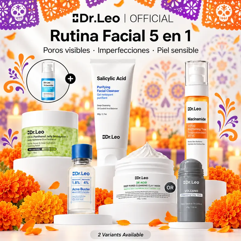 Dr.Leo 5-in-1-Gesichtspflege-Set für fettige und zu Unreinheiten neigende Haut – Gesichtsreiniger mit Salicylsäure, Tonerdemaske, Pflege für einzelne Hautstellen, Gesichtswasser mit Niacinamid und CICA-Feuchtigkeitscreme; für sichtbare Poren, ungleichmäßigen Hautton und Feuchtigkeitspflege