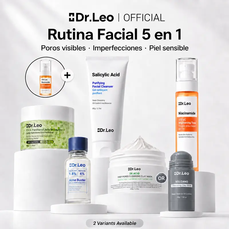 Dr.Leo Rutina Facial 5 en 1 para Piel Sensible e Imperfecciones Tónico 377 Crema CICA Limpiador Salicílico Loción Puntual y Mascarilla de Arcilla Set Completo para Luminosidad y Hidratación