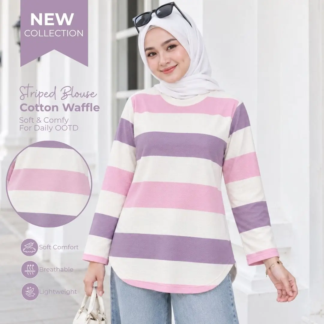 DIESA LSC2-BLS Women's Blouse, Soft Cotton Waffle Fabric with Striped Design, 3 Sizes, Comfortable for Everyday Wear