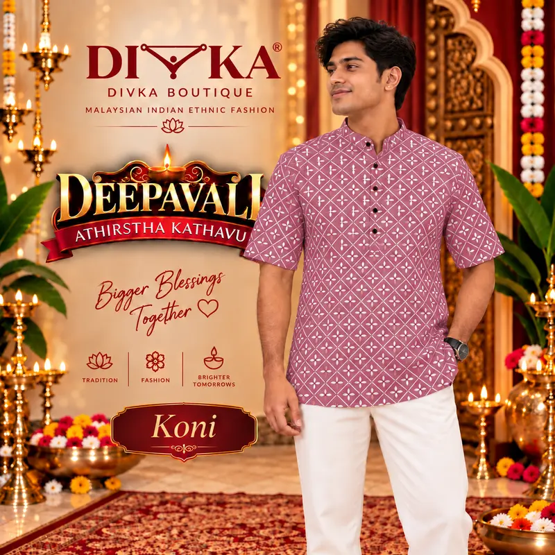 Kurta masculino curto DIVKA (AK) de rayon estampado, tamanhos S a 6XL, para Deepavali e ocasiões tradicionais (KONI)