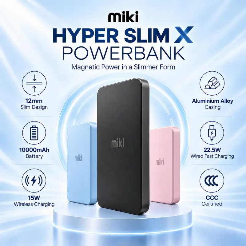 Miki Hyper Slim X 10000mAh Magnetic Wireless Power Bank, CCC Certified, 15W–22.5W Fast Charging, USB-C, Aluminium Alloy Case and LiPo Battery