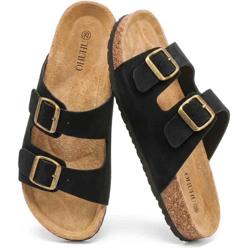 Women's and Unisex Birkenstock-Style Double-Buckle Sandals with Ergonomic Cork Sole and Wide Toe Area