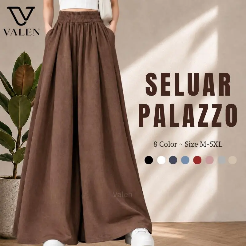 VALEN Linen Seluar Kembang Palazzo Pants Seluar Baggy Flowy Muslimah Seluar Kasual Untuk Perempuan Wanita Palazzo Pants Women Baggy Pants Women Pallazo Seluar Baggy Wanita Ready Stock