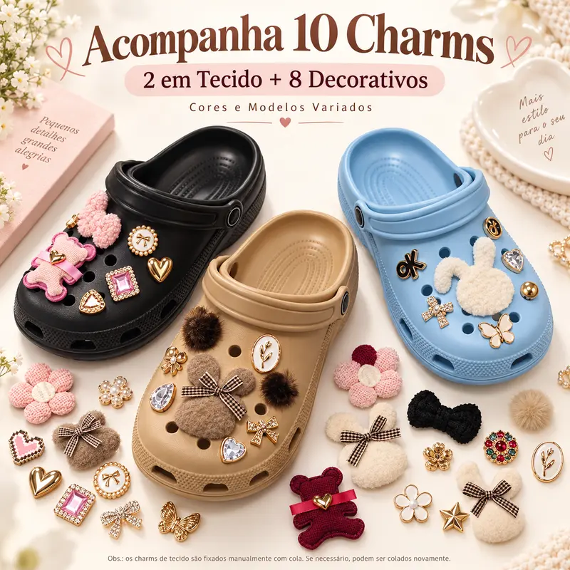 Zuecos de EVA para mujer con 10 adornos, 2 de tela y 8 decorativos, ligeros, suaves, cómodos y antideslizantes para uso diario, de estilo moderno e informal