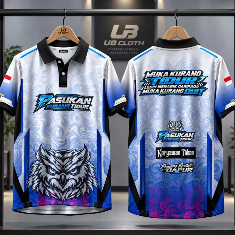 Jersey Pasukan Kurang Tidur Putih Biru New Kerah Wangki Kancing Unisex Dryfit Full Printing