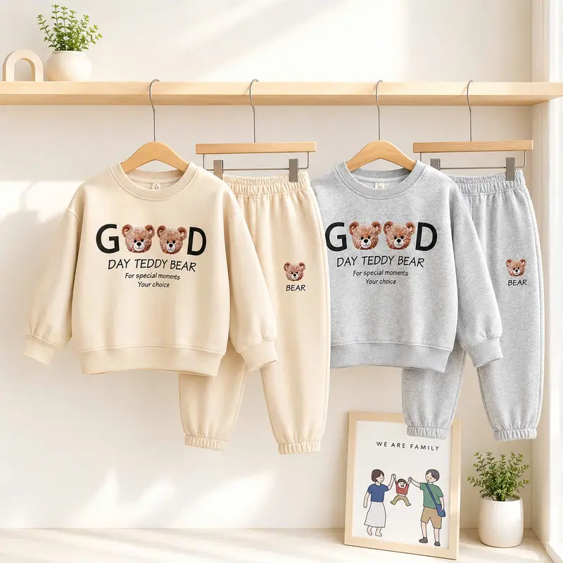 G-D Kinder-Set mit Teddybär-Motiv: langärmliges Oberteil und Hose aus festem Sweatstoff, in 2 Farben, für Kinder von 6–18 kg