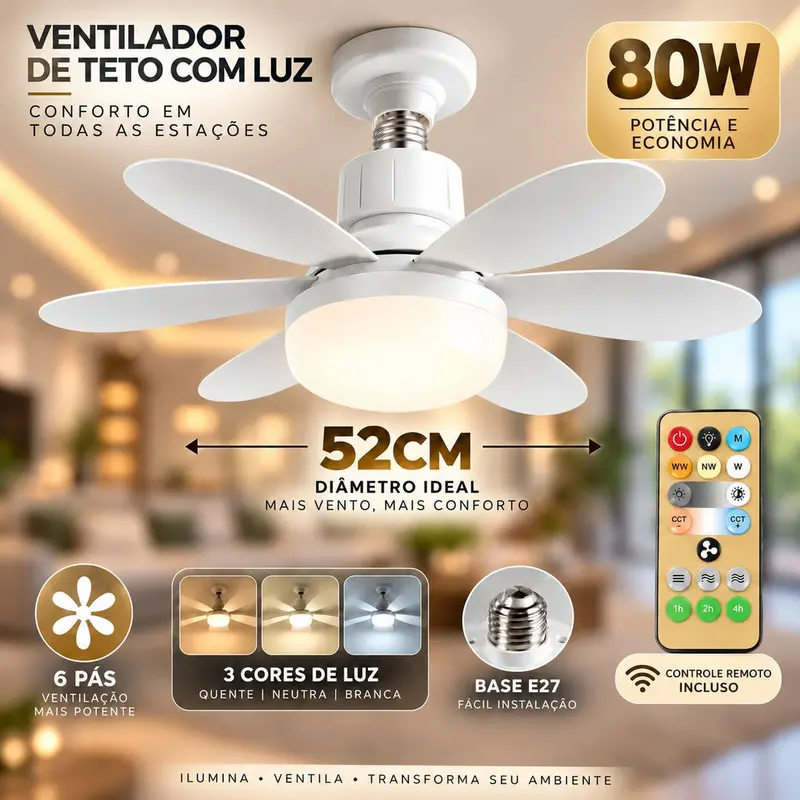 52cm LED Ceiling Fan with 6 Blades, Remote Control and Dual-Voltage 110V/220V Support