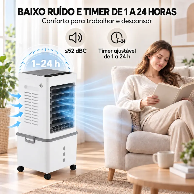 Climatizador de Ar 12L com Controle Remoto + 4 Caixas de Gelo | 6 Velocidades, 2 Modos e Timer 1-24h