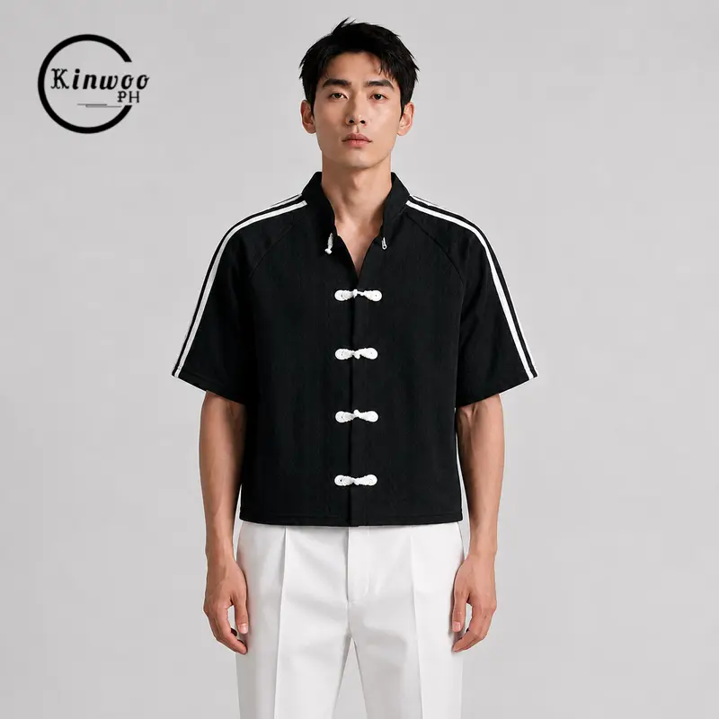 Kinwoo Men's T370 Chinese-Style Button-Down Shirt, Stand Collar, Boxy Cropped Fit