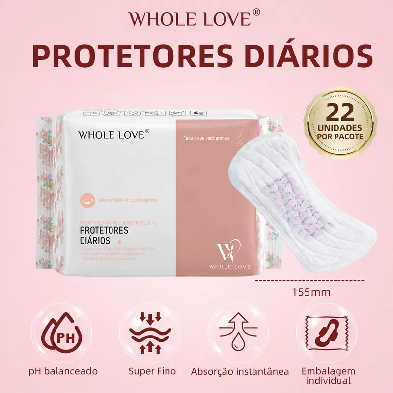 Protetor Diário Whole Love Ultrafino Sem Abas e Sem Perfume 15,5 cm – 22 Unidades por Pacote