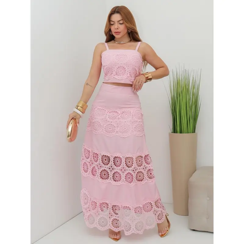 Conjunto Feminino Cropped de Alça com Renda Guipir e Saia Longa Elegante Verão SD4209