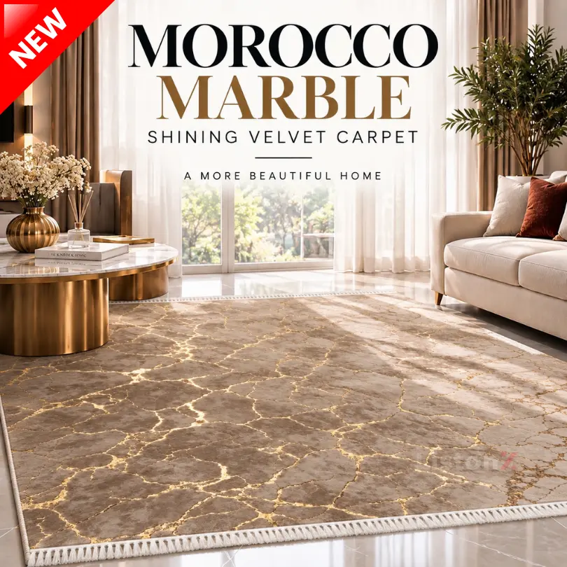LISTONX Morocco Marble Shining Velvet Carpet, Premium Luxury Design, Ultra-Soft Plush Feel, Anti-Slip Backing, Sizes L, XL and 6XL