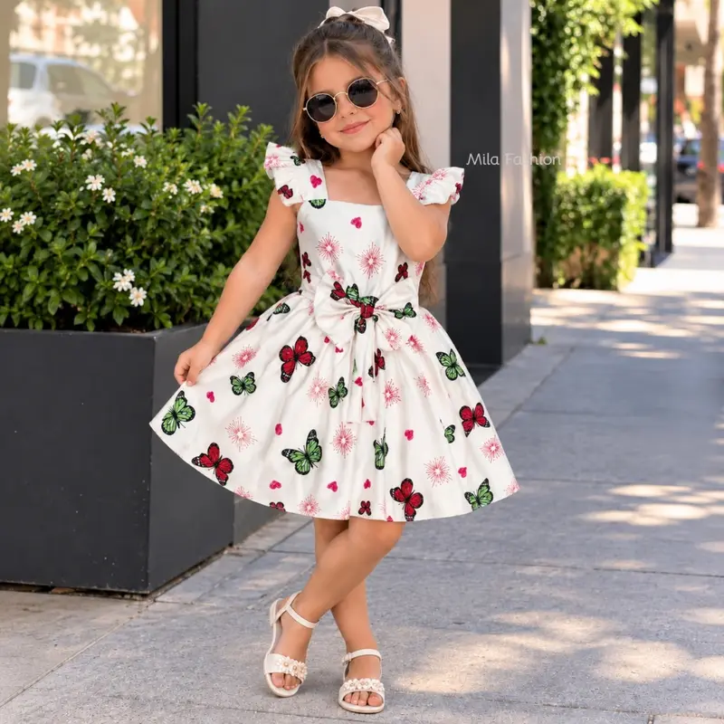Vestido Infantil menina com laço estampa borboletas 4-12 ANOS  moda Vestido menina
