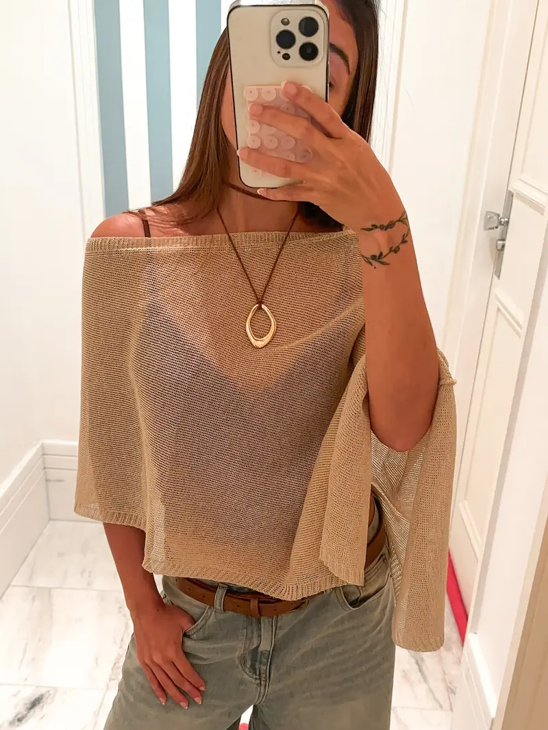 Women’s Shimmer Knit Cape Blouse with Dropped Shoulders and Asymmetric Hem for Summer