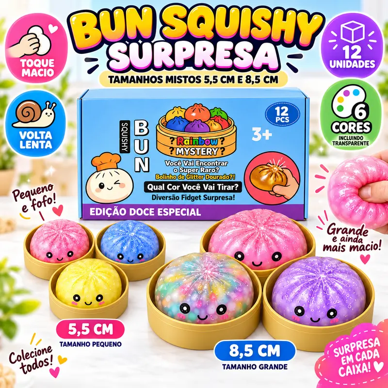 Transparent Squishy Bun Sensory Fidget Toy, 5.5cm or 8.5cm, 6 Assorted Colors, Ages 3+