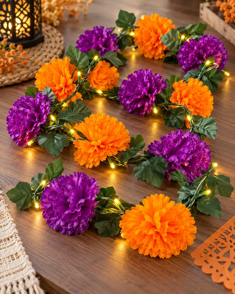 Orange and Purple Marigold Floral Garland with Warm LED Lights, 3 m, Day of the Dead Decoration