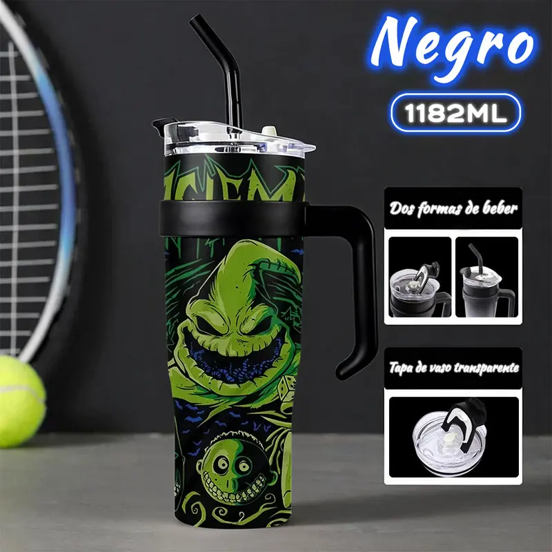 Vaso Térmico Oogie Boogie terror dados murciélagos fantasía oscura 40oz 1200ml Acero Inoxidable 304, Aislamiento al Vacío, Con Popote y Asa para Bebidas Frías y Calientes
