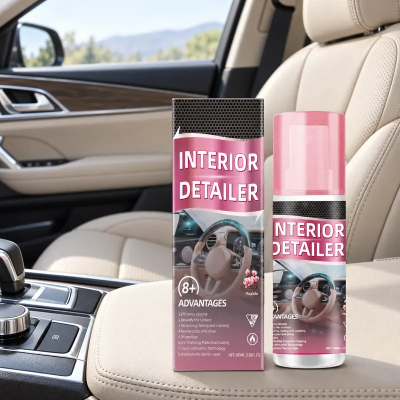 Kit Profesional de Detallado Automotriz con Esponja y Toalla, Spray Restaurador Premium para Tablero y Cuero, Brillo Extremo y Limpieza Profunda con Aroma a Coche Nuevo