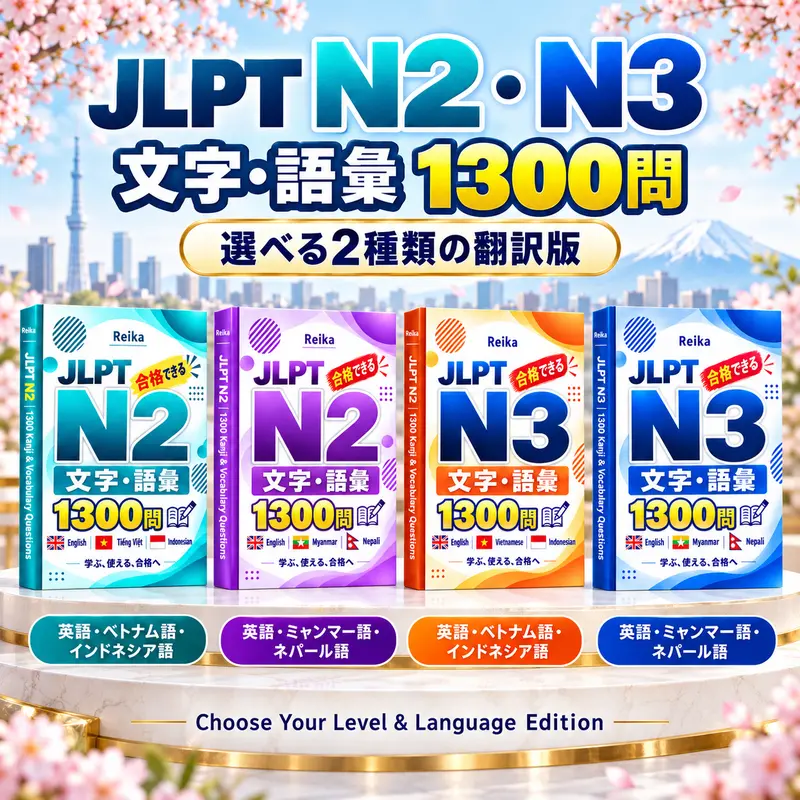 JLPT N3–N2 Exam Prep: 1300 Kanji and Vocabulary Questions, 600 Grammar Questions and Official Past Exams with Answers and Scripts in English, မြန်မာဘာသာ, नेपाली, Tiếng Việt and Indonesia