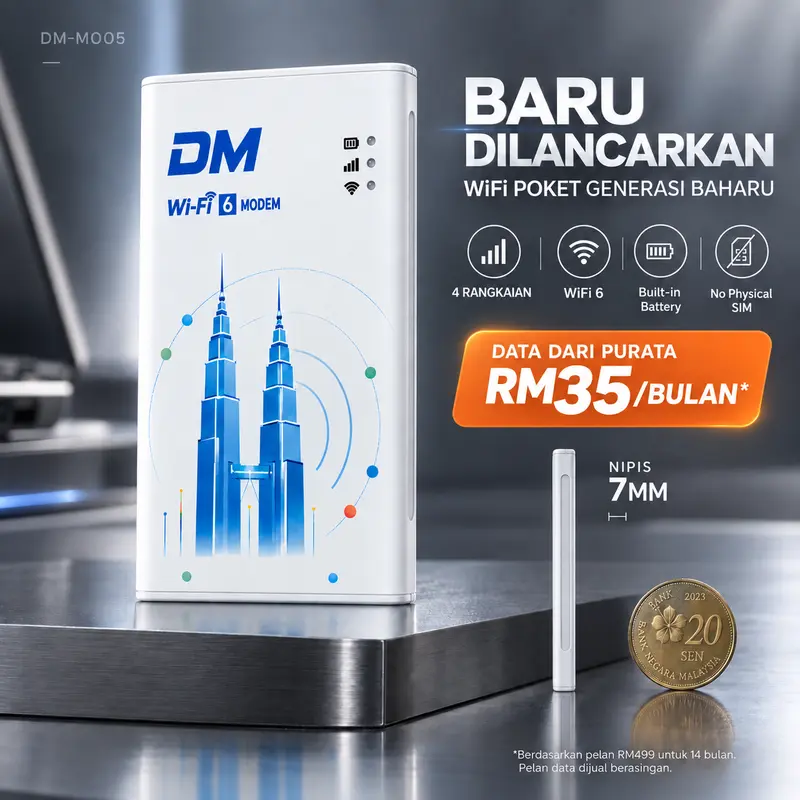 DM Pocket WiFi 6 WiFi Mudah Alih Portable Hotspot Router No SIM Card No Contract Plug and Play 10 Devices 4 Network Switch Liputan Seluruh Malaysia Unlimited Data Plan Available Alternatif Broadband Rumah Tanpa Pemasangan Rumah Sewa Asrama Kereta
