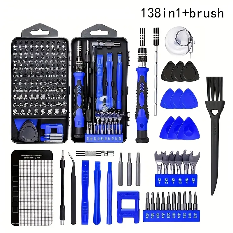 Bộ dụng cụ sửa chữa 115 trong 1 gồm chổi vệ sinh, tua vít chính xác, cờ lê mini và dụng cụ tháo vít, dùng cho điện thoại, máy tính bảng, máy ảnh, đồng hồ và các thiết bị khác